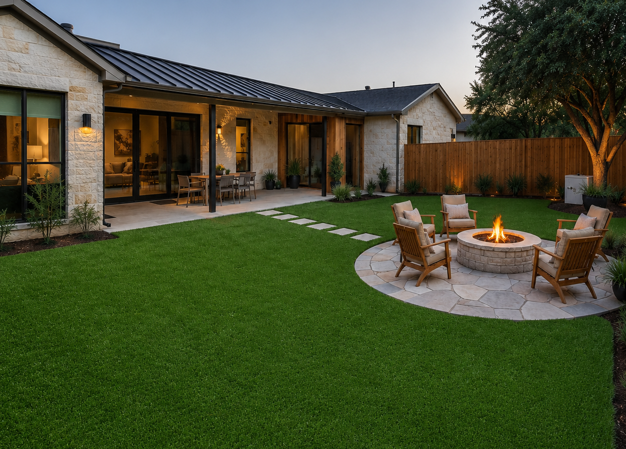 Central Texas backyard with a large artificial turf lawn, stone fire pit, and stepping stones behind a Hill Country ranch home